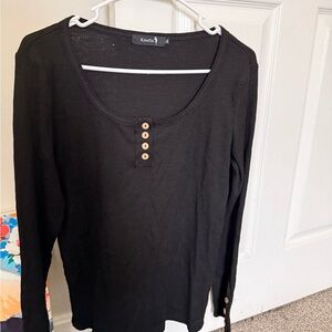 Kiss Black Ribbed Scoop Neck Henley Long Sleeve Top